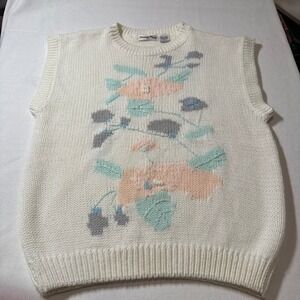 Vintage Carriage Court Womens Cream Floral Knit Sleeveless Vest Sweater Size M